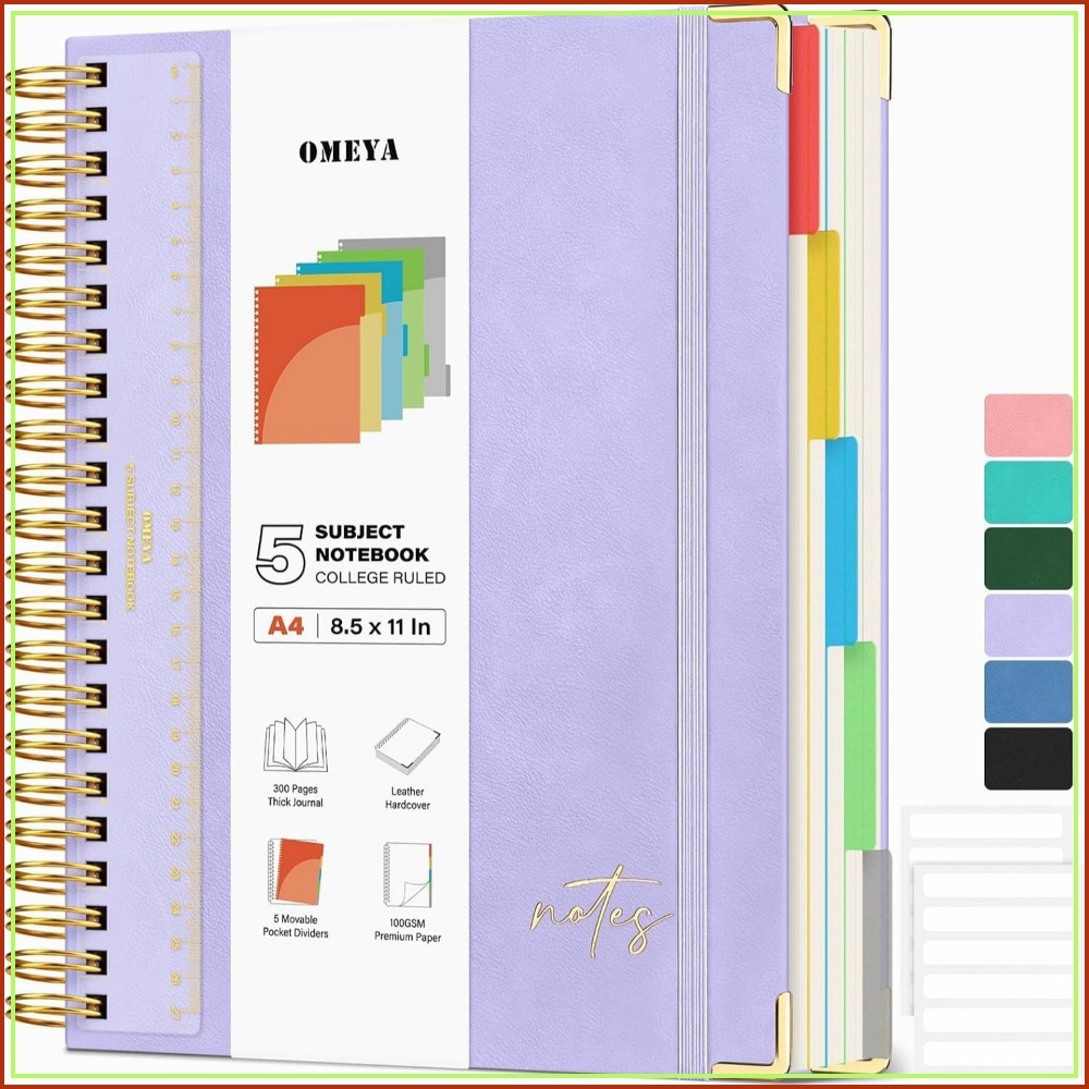 Leatherwork Products - A4レザー5科目ノート、300ページ、100GSM、ノーブリード、大学ノート罫線入り、仕切りと定規付き、平らに開くスパイラル、仕事・学校用