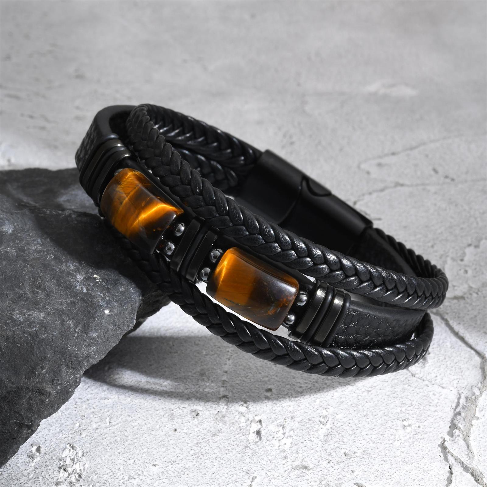 Leatherwork Logo - 男性用編み込みレザーバングル タイガーアイストーン ブラック マグネットクラスプ ファッションジュエリー トレンディ