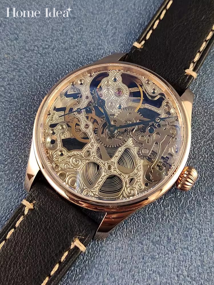 Leatherwork Ideas - 高級ファッションビジネスメンズ仕事機械式手巻き時計本革ストラップピンバックル中空機械式腕時計