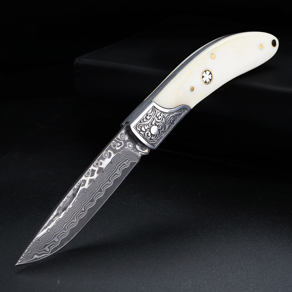Bone Folder Tool - 雄牛の骨ダマスカス鋼折りたたみナイフ、アウトドア高硬度ポケットナイフ、キャンプサバイバル多機能ポケットナイフ