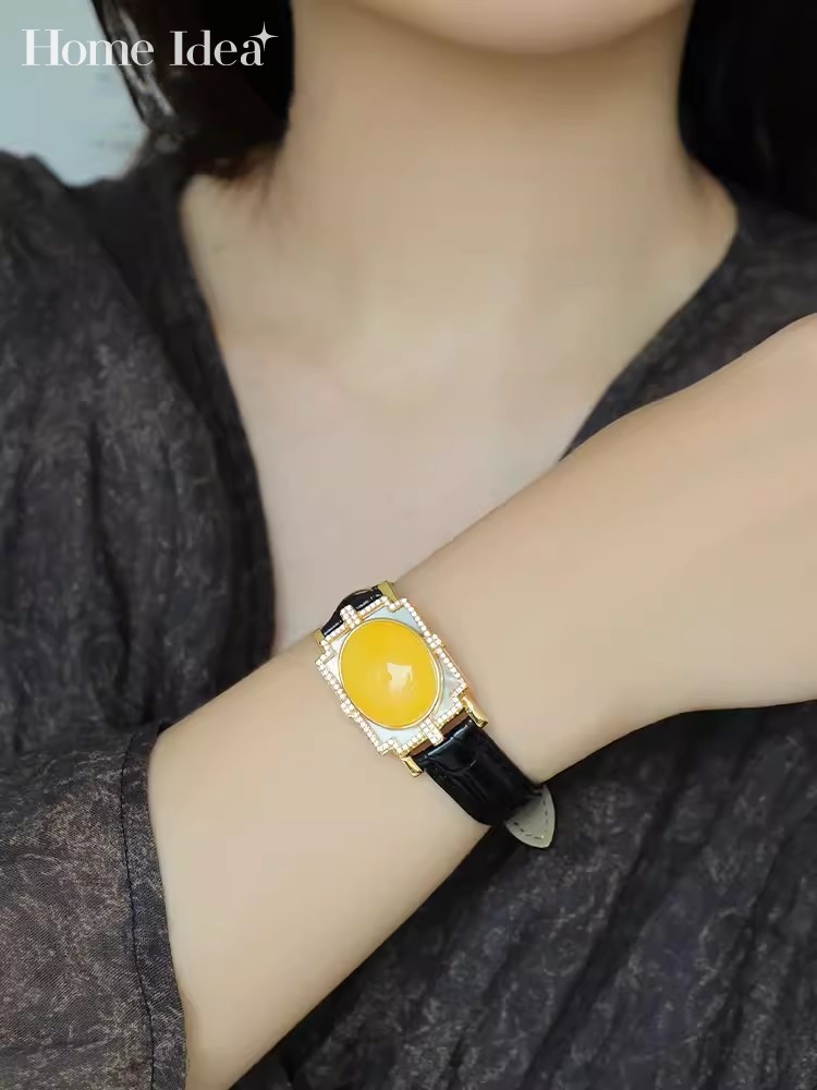 Leatherwork Ideas - 女性事務調節可能なレザーストラップピンバックル天然琥珀ブレスレット新人デザイナーレディースパーティーファインジュエリーブレスレット