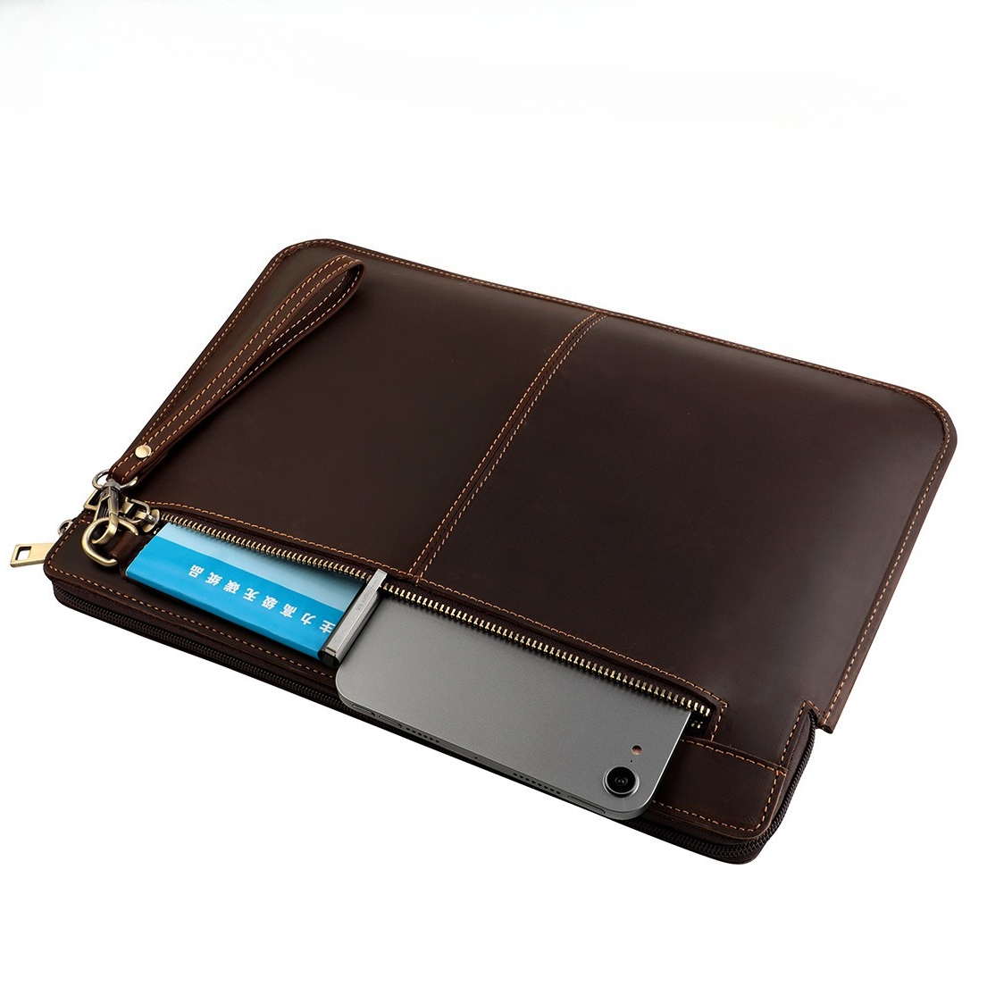 Leatherwork Essentials - ヴィンテージレザーラップトップバッグ - スリムな保護スリーブ、リストストラップ付き、ラップトップ、タブレット、仕事用必需品用オーガナイザー