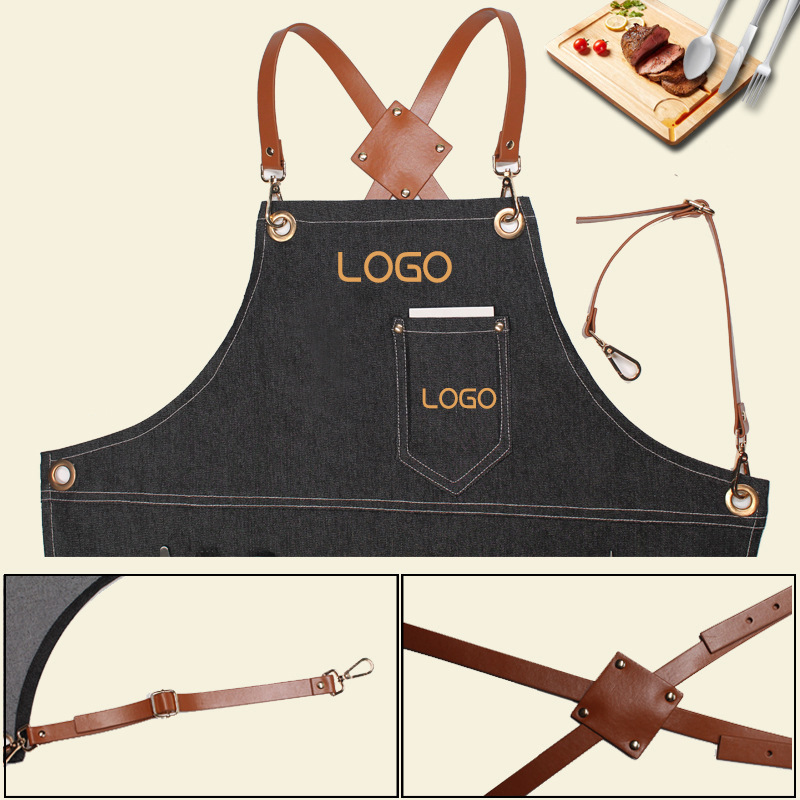 Leatherwork Logo - 花柄PUレザーストラップ付きデニムワークエプロン、バリスタ、理容師、女性、男性向け、カスタマイズ可能なブランドロゴ入り、レストラン、キッチンウェア
