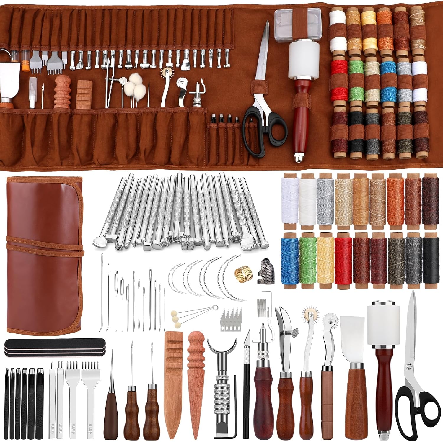 Leatherwork Essentials - 革細工ツールキット、カスタム収納バッグ付き、彫刻、パンチング、縫製、刻印用、DIY革工芸の必需品