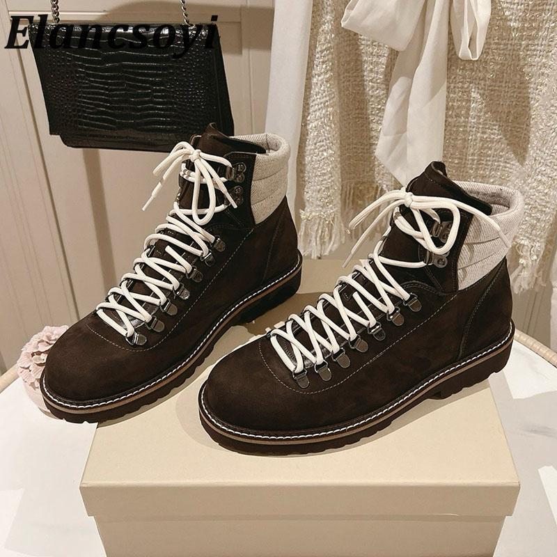 Leatherwork Designs - 2026年秋冬新作 レディース ラウンドトゥ レザー ショートブーツ パッチワークデザイン