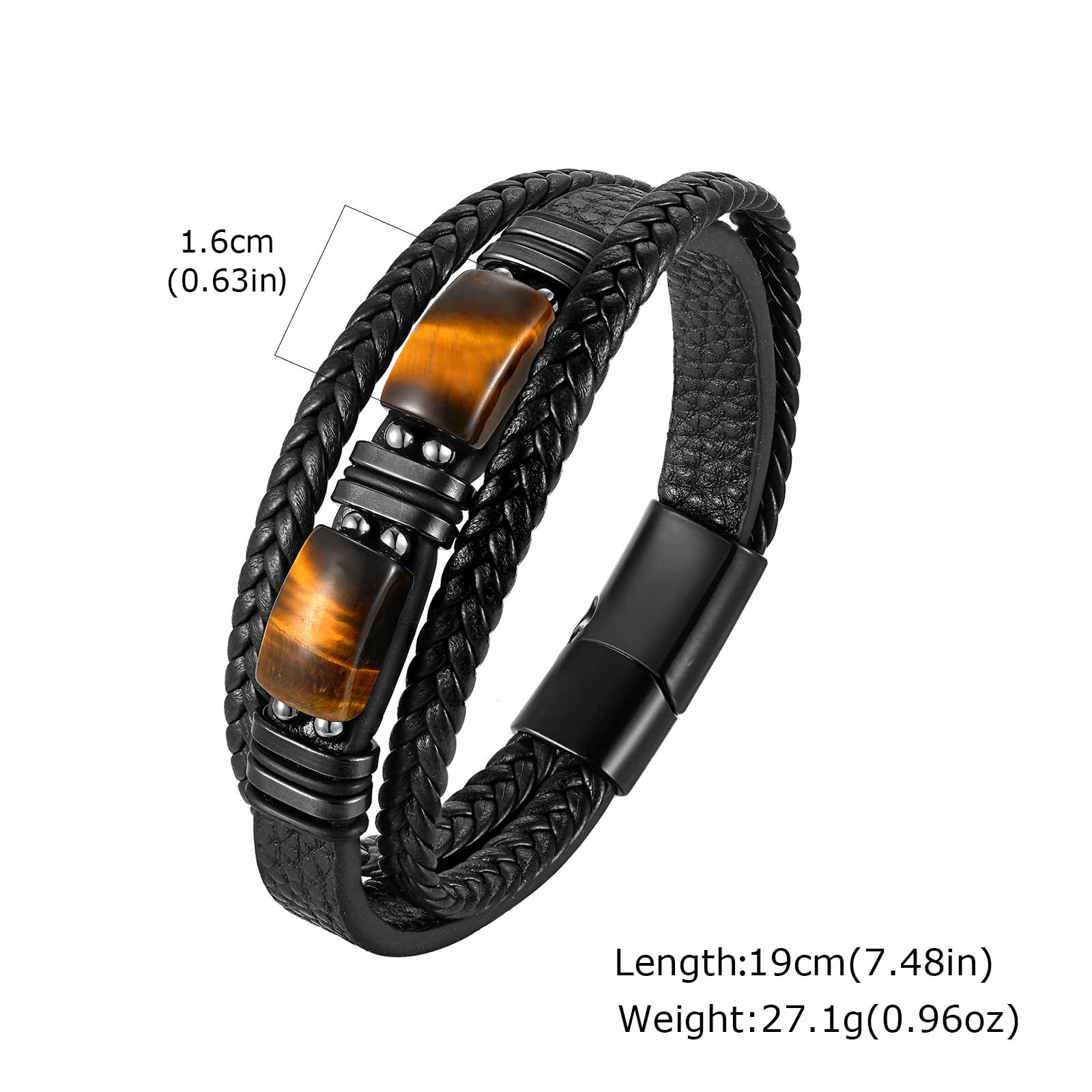 男性用編み込みレザーバングル タイガーアイストーン ブラック - Leatherwork Logo のレビューと価格