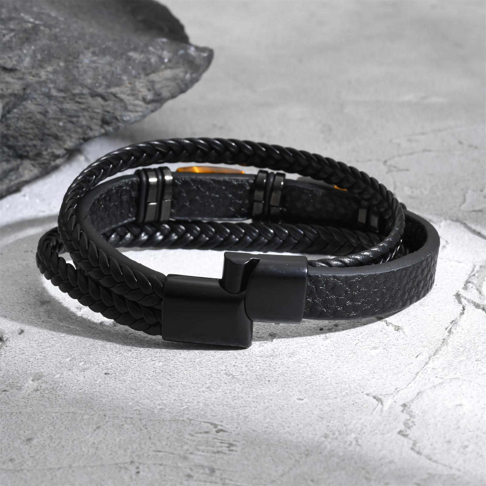 男性用編み込みレザーバングル タイガーアイストーン ブラック - Leatherwork Logo のレビューと価格
