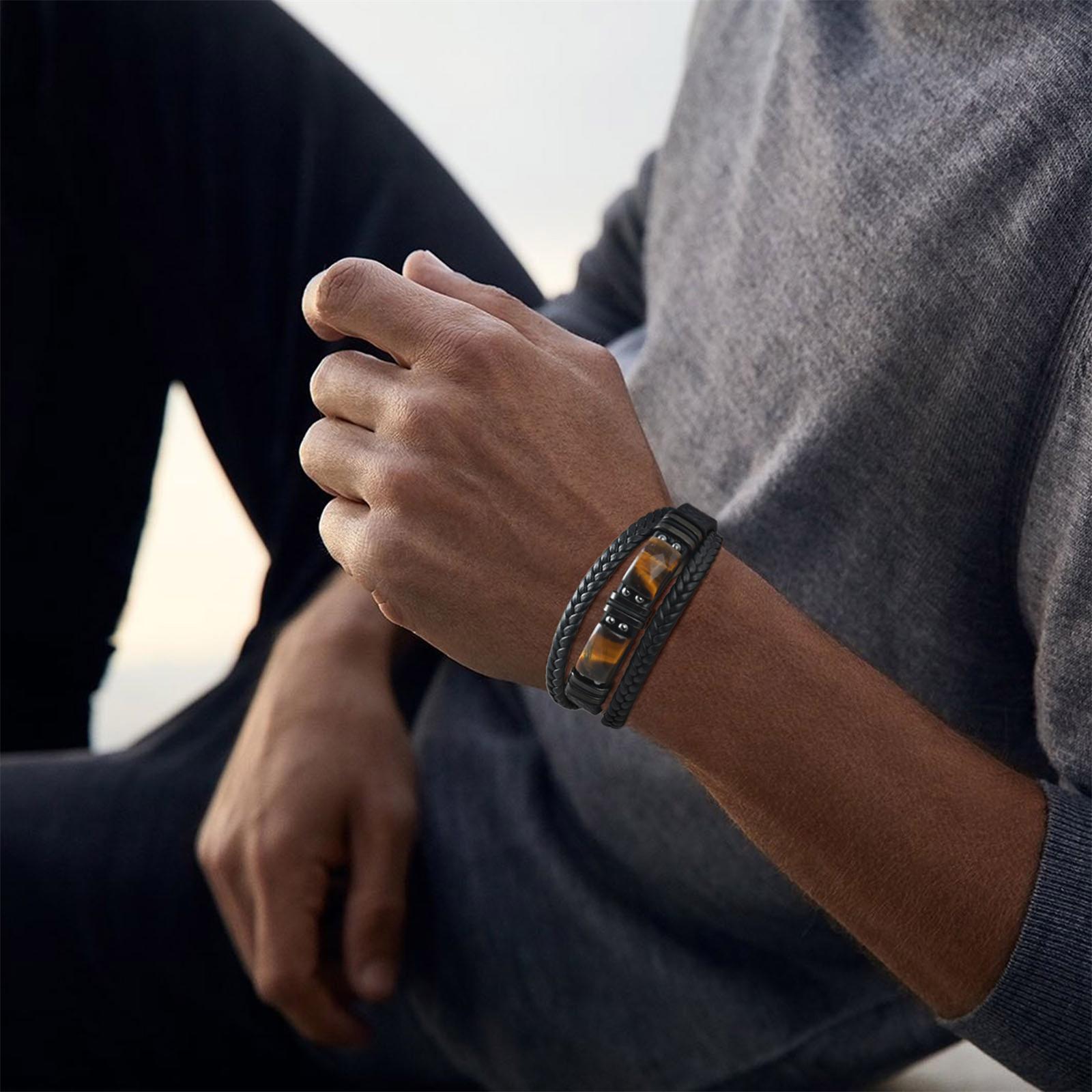 男性用編み込みレザーバングル タイガーアイストーン ブラック - Leatherwork Logo のレビューと価格