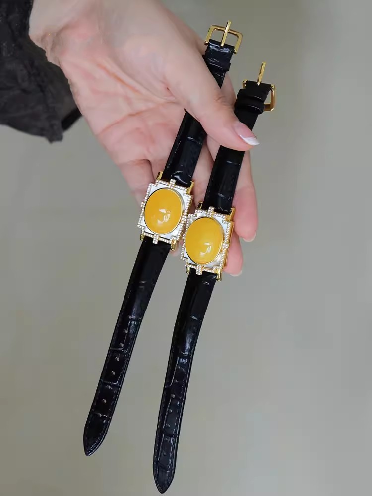 女性事務調節可能なレザーストラップピンバックル天然琥珀ブレス - Leatherwork Ideas のレビューと価格
