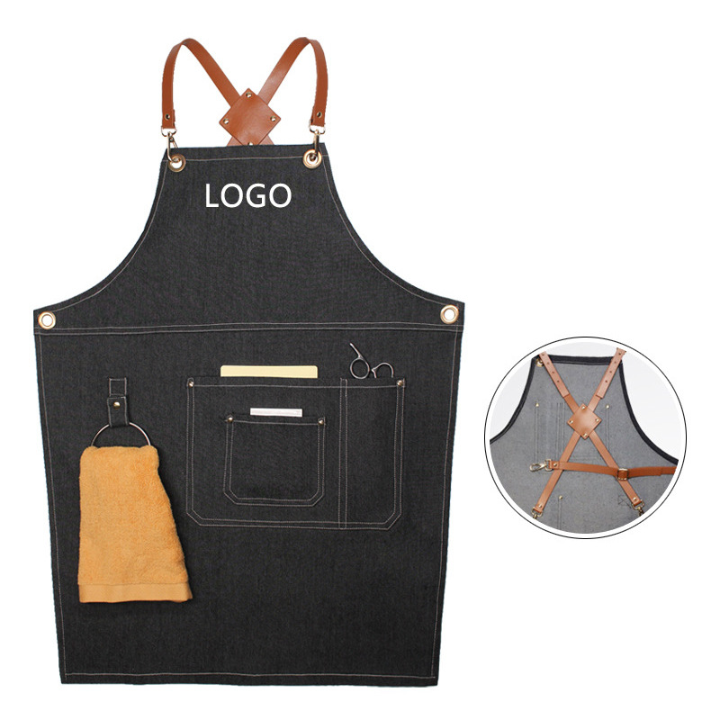 花柄PUレザーストラップ付きデニムワークエプロン、バリスタ、 - Leatherwork Logo のレビューと価格
