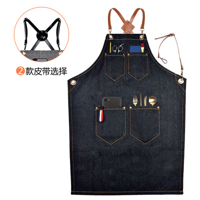 花柄PUレザーストラップ付きデニムワークエプロン、バリスタ、 - Leatherwork Logo のレビューと価格
